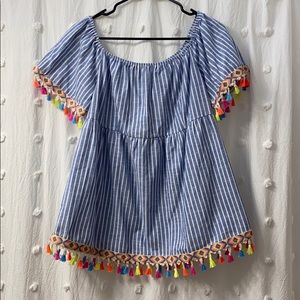 Off-shoulder top with tassels